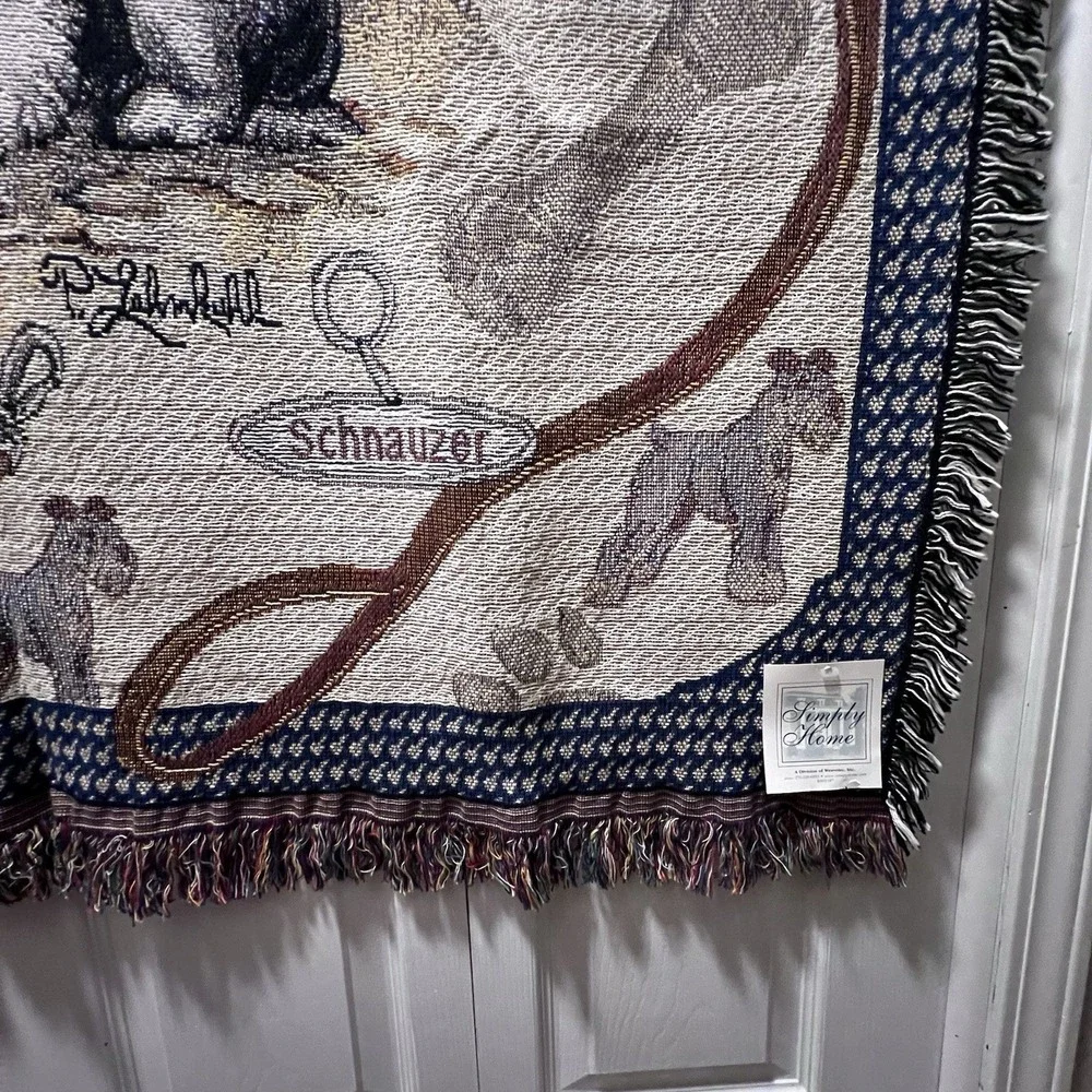 Vtg Schnauzer Dog Woven Cotton Tapestry Throw Blanket New 49
